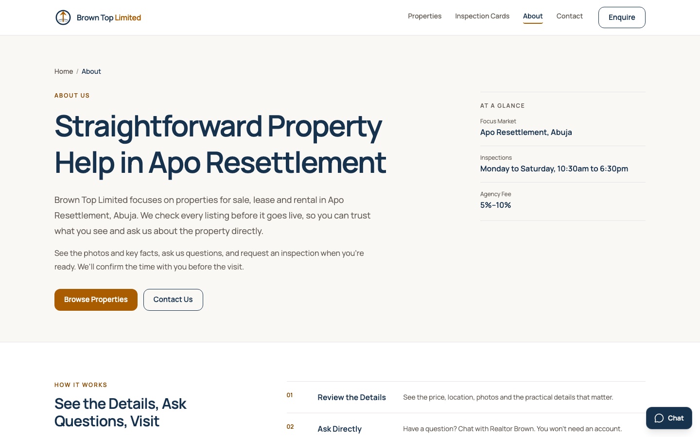 Brown Top Limited About page explaining straightforward property help in Apo Resettlement, Abuja