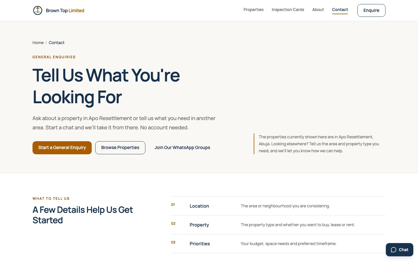 Brown Top Limited Contact page for general property enquiries and live chat