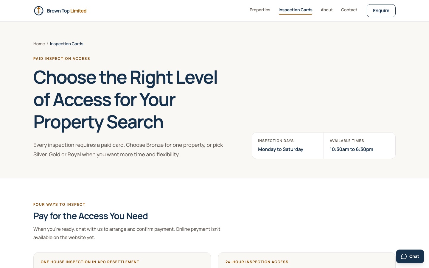 Brown Top Limited Inspection Cards page presenting tiered paid access for property inspections