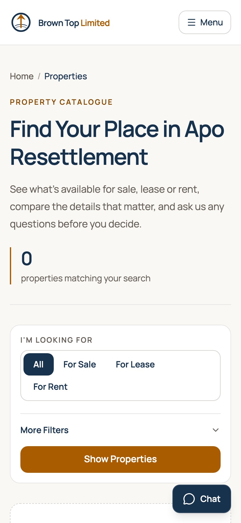 Brown Top Limited mobile properties experience with responsive search and filtering