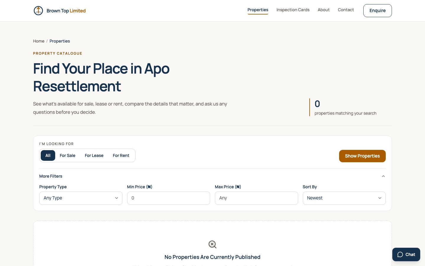 Brown Top Limited properties page with search and filtering by sale, lease, and rental type in Apo Resettlement