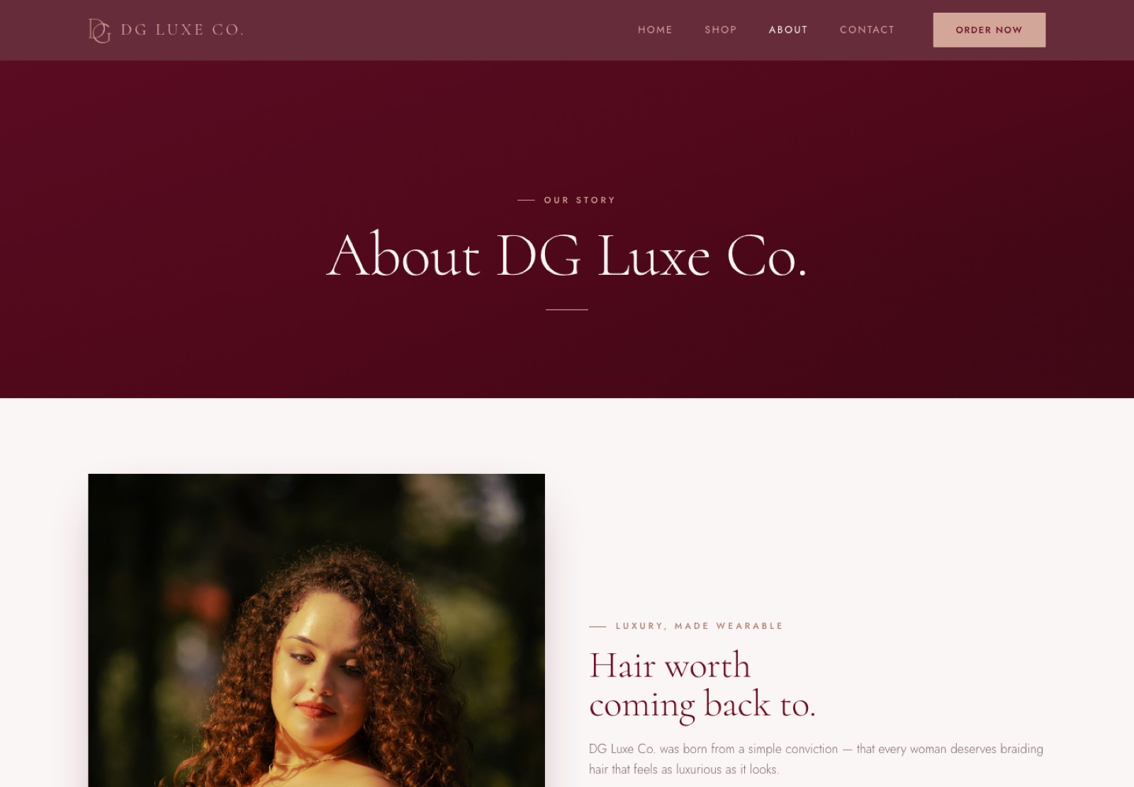 DG Luxe Co. About page explaining the premium braiding hair brand story, values, and product promise