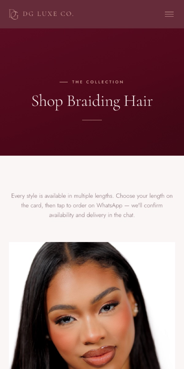 DG Luxe Co. mobile shop experience with responsive navigation and braiding hair product catalogue