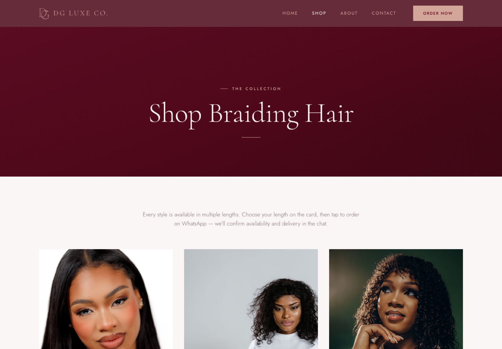 DG Luxe Co. shop page displaying a responsive catalogue of premium braiding hair styles and available lengths