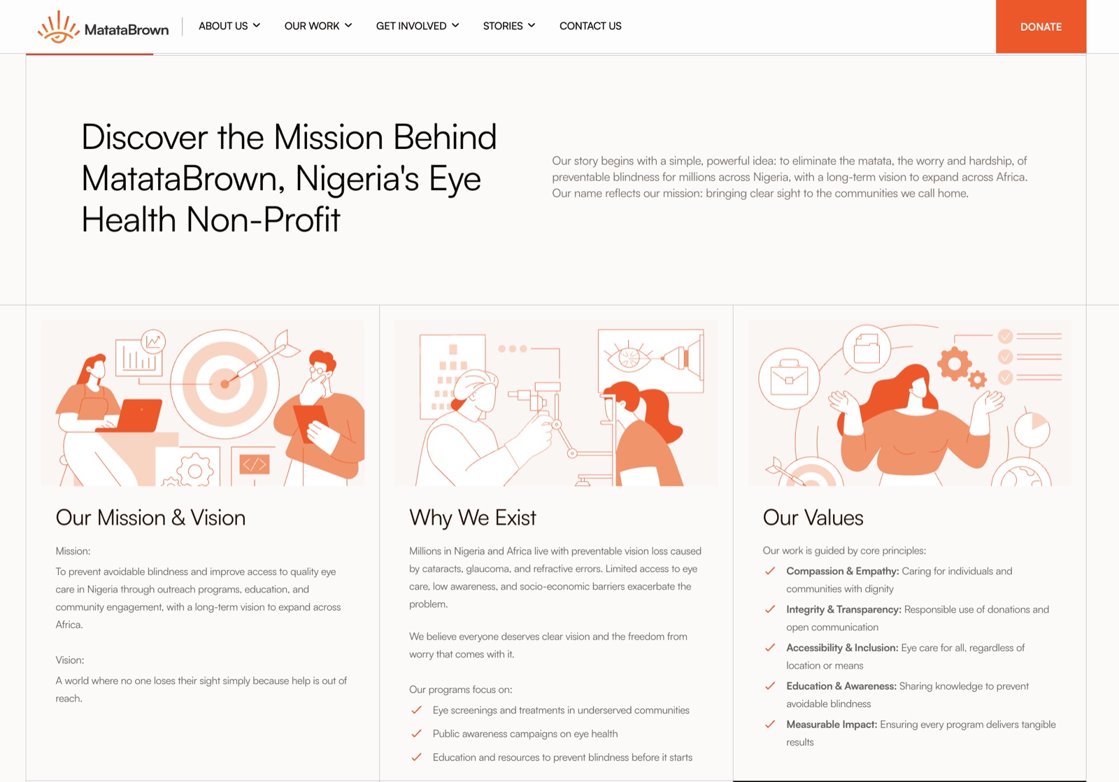 MatataBrown About Us page presenting its eye health mission, vision, purpose, and values in Nigeria