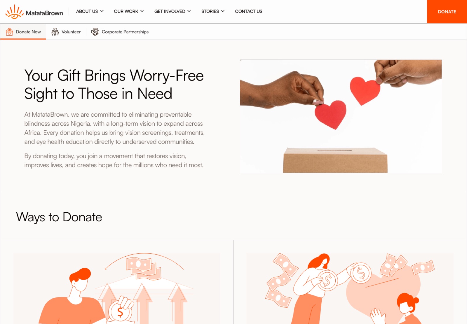 MatataBrown Donate Now page presenting one-time and monthly ways to support eye health programmes in Nigeria