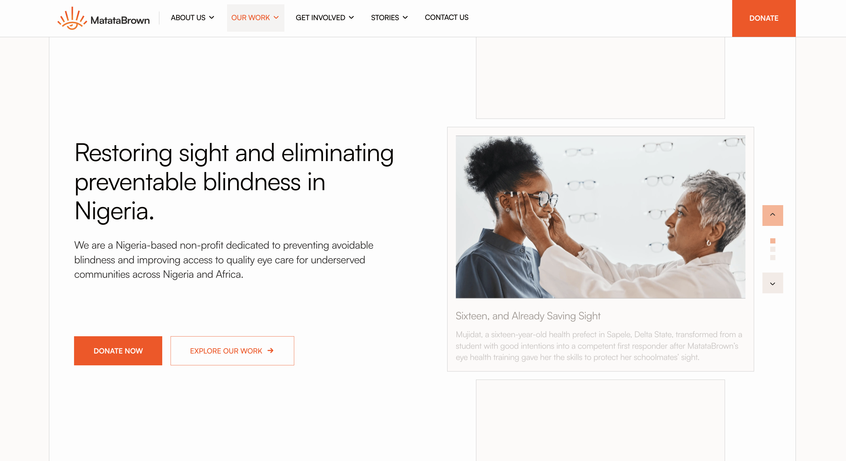 MatataBrown eye health nonprofit homepage built by Emmanuel Durojaiye via Techafil, Nigeria