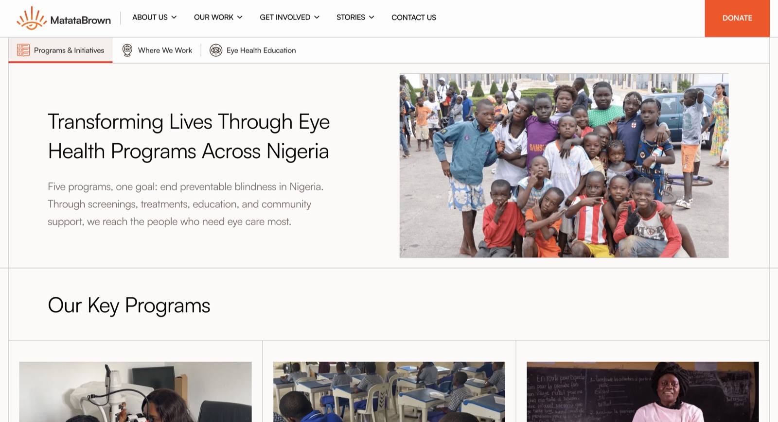 MatataBrown Programmes and Initiatives page presenting eye health screenings, treatment, education, and community support across Nigeria