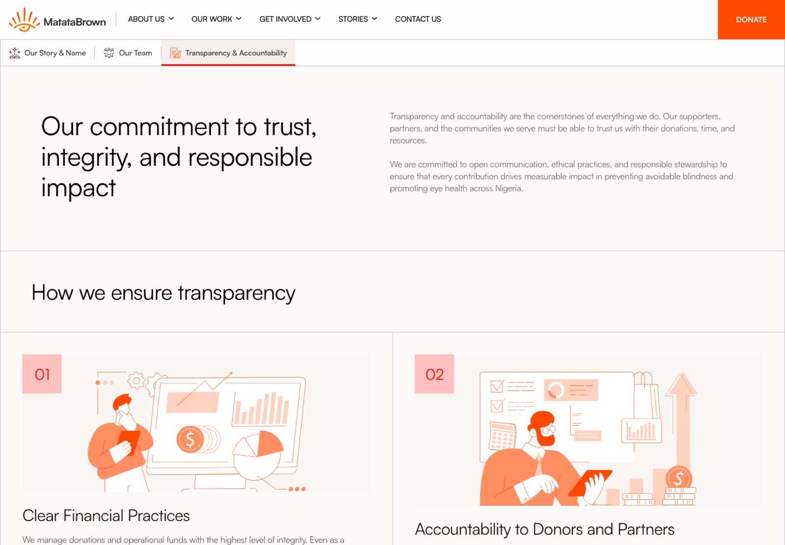 MatataBrown Transparency and Accountability page explaining financial practices, donor accountability, and responsible impact