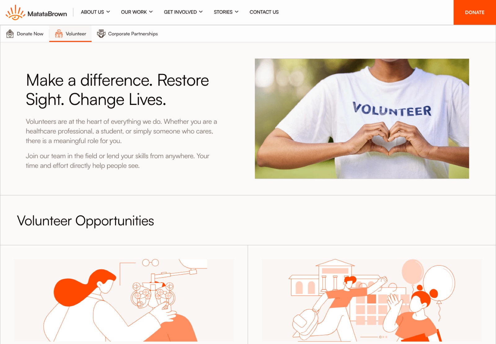 MatataBrown Volunteer page presenting opportunities to support community eye health work in Nigeria