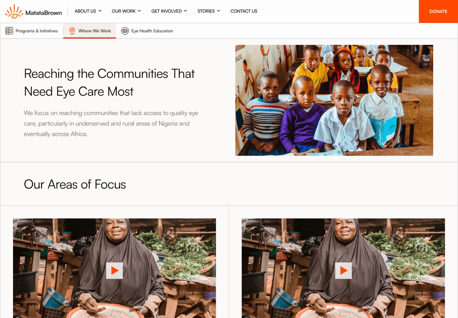 MatataBrown Where We Work page explaining its focus on underserved schools, rural communities, clinics, and neighbourhoods in Nigeria